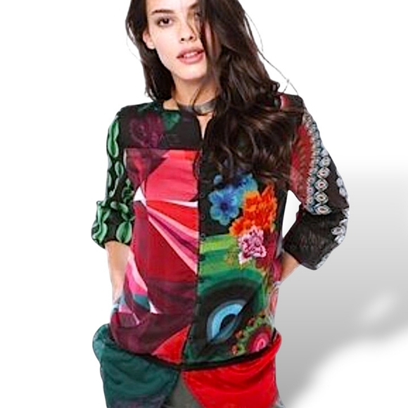 Desigual Funky Boho Colorful Patchwork Long Sleeve Sheer Blouse Top Xl - Picture 2 of 10